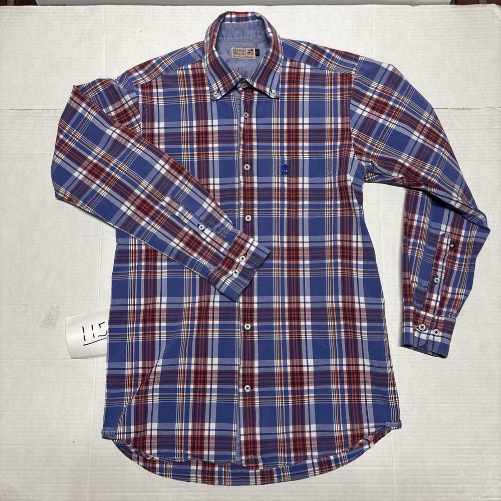 River Woods Men's Medium Blue Red Plaid Button Down Long Sleeve Casual Shirt M